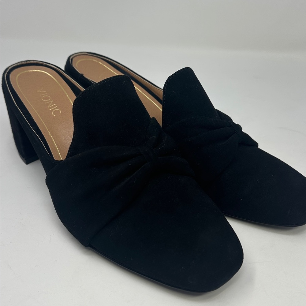 Vionic Presley block heel mule black ruched bow 7.5